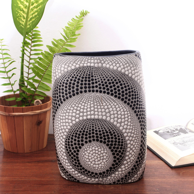 Ceramic decorative vase, 'Concentric Dots' - Cylindrical Black and White Ceramic Decorative Vase