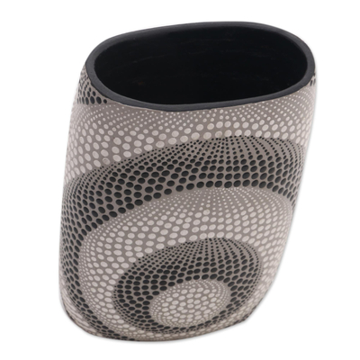 Ceramic decorative vase, 'Concentric Dots' - Cylindrical Black and White Ceramic Decorative Vase