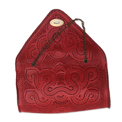 Bolso de cuero, 'Crimson Patterns' - Bolso de cuero estampado en carmesí de Java