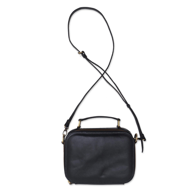 Leather handbag, 'Hidden Lurik in Black' - Black Leather Handbag with a Strap and Handle
