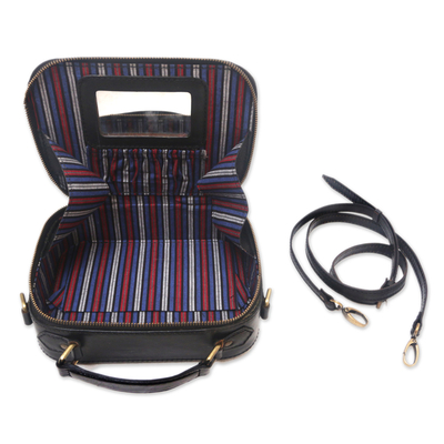 Leather handbag, 'Hidden Lurik in Black' - Black Leather Handbag with a Strap and Handle