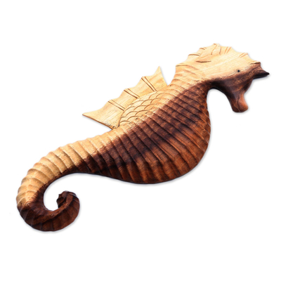 Wood wall sculpture, 'Loyal Seahorse' - Hand-Carved Wood Seahorse Wall Sculpture from Bali