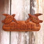 Wood wall sign, 'Turtle Home' - Turtle-Themed Suar Wood Wall Welcome Sign from Bali
