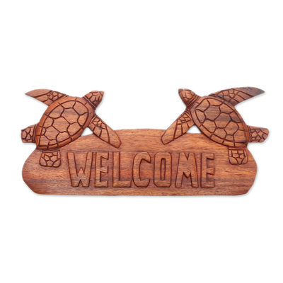 Wood wall sign, 'Turtle Home' - Turtle-Themed Suar Wood Wall Welcome Sign from Bali