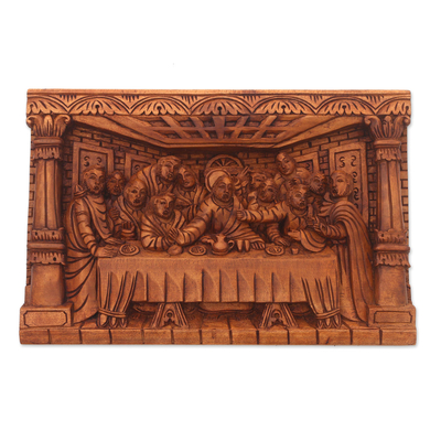 Wood relief panel, 'Last Dinner' - Hand-Carved Last Supper Wood Relief Panel from Bali