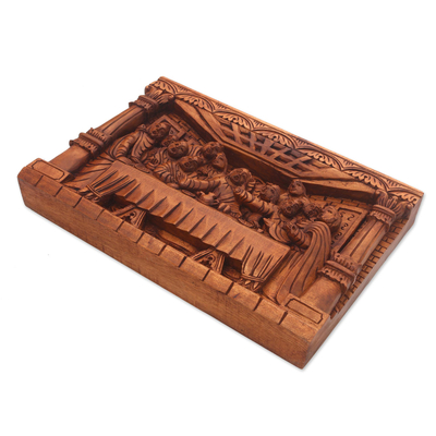 Reliefplatte aus Holz - Handgeschnitzte Holzreliefplatte des Letzten Abendmahls aus Bali