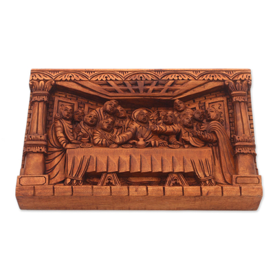 Wood relief panel, 'Last Dinner' - Hand-Carved Last Supper Wood Relief Panel from Bali