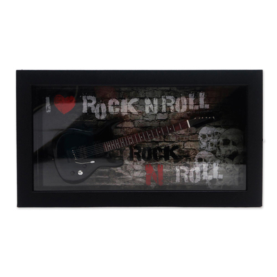 Dekorative Miniatur-Gitarre aus Holz, 'Rock and Roll'. - Holzdekorative Miniatur-Gitarre in Schwarz aus Java