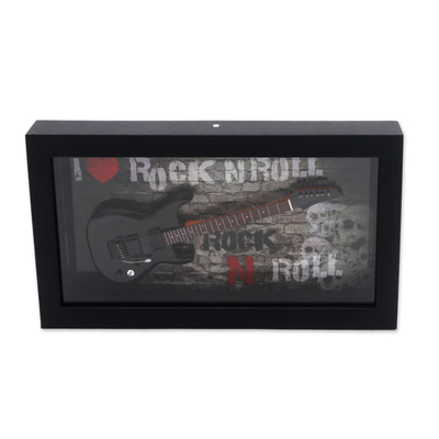 Wood decorative miniature guitar, 'Rock and Roll' - Wood Decorative Miniature Guitar in Black from Java