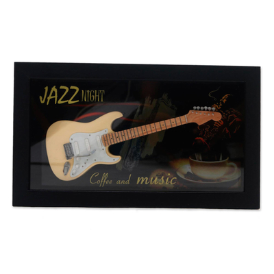 Wood decorative miniature guitar, 'Jazz' - Wood Decorative Miniature Guitar in Beige from Java