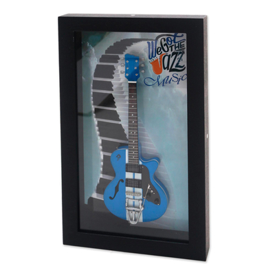 Guitarra en miniatura decorativa de madera, 'Jazz Trip' - Guitarra en miniatura decorativa de madera en color azul de Java