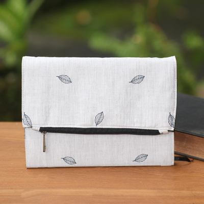 Cotton journal, 'Onyx Leaves' - Leaf Print Ash Grey Cotton Journal from Java