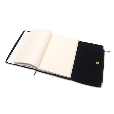 Cotton journal, 'Onyx Leaves' - Leaf Print Ash Grey Cotton Journal from Java