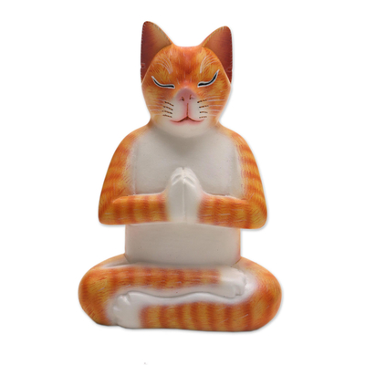 Signed Wood Sculpture of a Meditating Cat in Orange