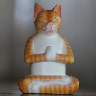 Wood sculpture, 'Meditation Cat in Orange' - Signed Wood Sculpture of a Meditating Cat in Orange