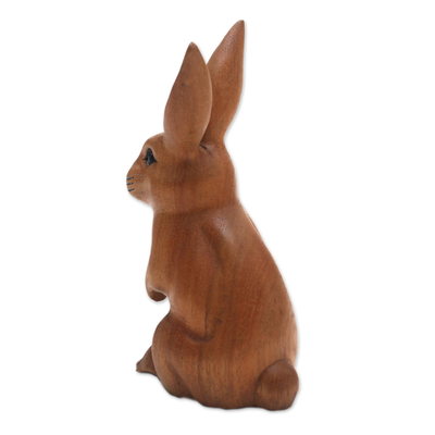 Wood sculpture, 'Cute Bunny in Brown' - Signed Wood Bunny Sculpture in Brown from Bali