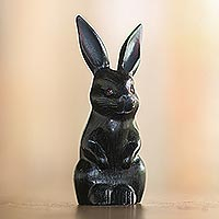 Wood sculpture, 'Cute Bunny in Black' - Signed Wood Bunny Sculpture in Black from Bali