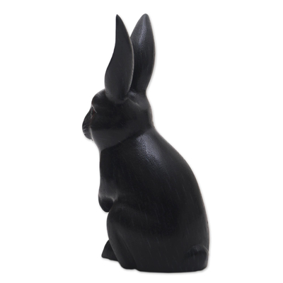 Wood sculpture, 'Cute Bunny in Black' - Signed Wood Bunny Sculpture in Black from Bali