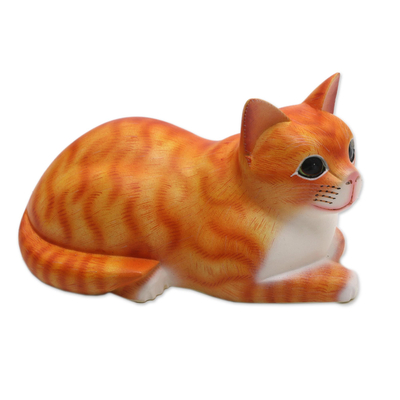 Wood sculpture, 'Lying Cat in Orange' - Signed Wood Sculpture of a Lying Cat in Orange from Bali