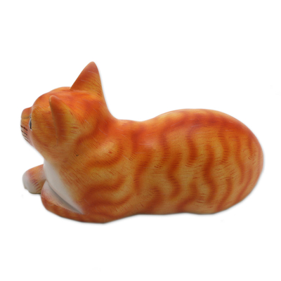 Wood sculpture, 'Lying Cat in Orange' - Signed Wood Sculpture of a Lying Cat in Orange from Bali