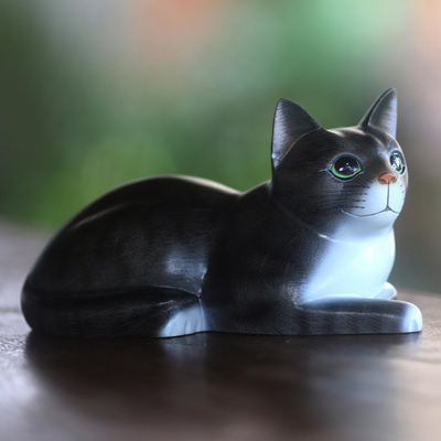 Wood sculpture, 'Lying Cat in Grey' - Signed Wood Sculpture of a Lying Cat in Grey from Bali