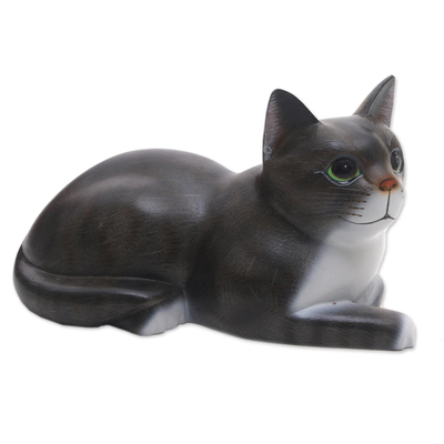 Signed Wood Sculpture of a Lying Cat in Grey from Bali