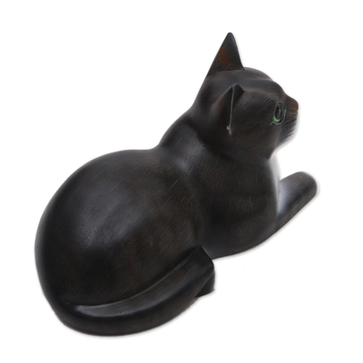 Wood sculpture, 'Lying Cat in Grey' - Signed Wood Sculpture of a Lying Cat in Grey from Bali