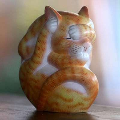 Wood sculpture, 'Flexible Cat in Orange' - Signed Wood Sculpture of a Flexible Cat in Orange from Bali