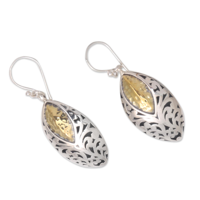 Sterling silver dangle earrings, 'Padi Shield' - Sterling Silver and Brass Dangle Earrings from Bali