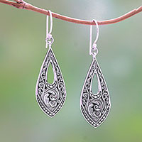 Sterling silver dangle earrings, 'Balinese Amulet' - Patterned Sterling Silver Dangle Earrings from Bali