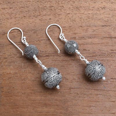 Sterling silver dangle earrings, 'Lantern Twins' - Patterned Sterling Silver Dangle Earrings from Bali