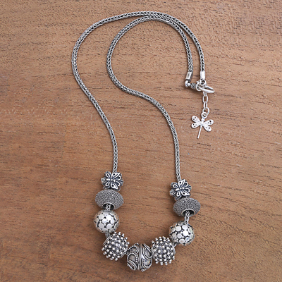Sterling silver pendant necklace, 'Round Lanterns' - Sterling Silver Beaded Pendant Necklace from Bali