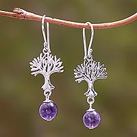 Amethyst dangle earrings, 'Glistening Tree' - Amethyst Tree Dangle Earrings from Bali