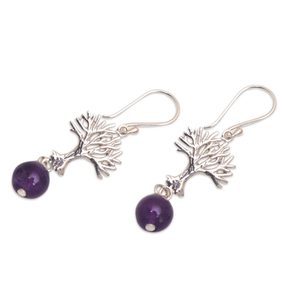 Amethyst dangle earrings, 'Glistening Tree' - Amethyst Tree Dangle Earrings from Bali