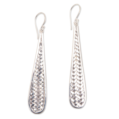 Sterling silver dangle earrings, 'Teardrop Weave' - Weave Motif Sterling Silver Dangle Earrings from Bali