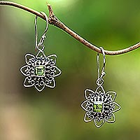 Peridot dangle earrings, 'Green Flower' - Floral Peridot Dangle Earrings Crafted in Bali