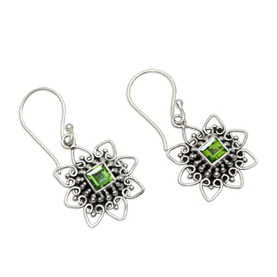Peridot dangle earrings, 'Green Flower' - Floral Peridot Dangle Earrings Crafted in Bali