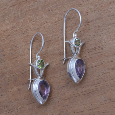 Amethyst and peridot dangle earrings, 'Sparkling Together' - Amethyst and Peridot Dangle Earrings from Bali