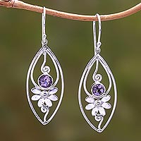 Amethyst dangle earrings, 'Klungkung Flower' - Floral Amethyst Dangle Earrings from Bali