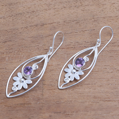 Amethyst dangle earrings, 'Klungkung Flower' - Floral Amethyst Dangle Earrings from Bali