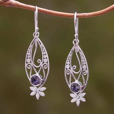 Amethyst dangle earrings, 'Karangasem Flower' - Floral Amethyst Dangle Earrings Crafted in Bali