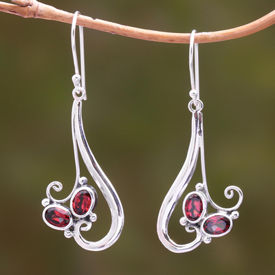 Garnet dangle earrings, Red Tendrils
