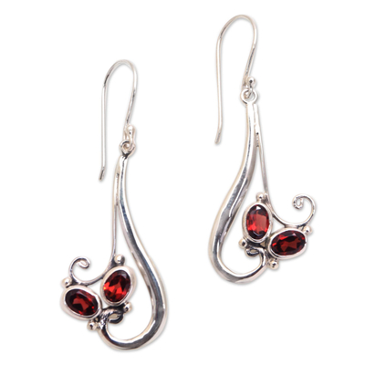 Garnet dangle earrings, 'Red Tendrils' - Tendril Motif Garnet Dangle Earrings from Bali