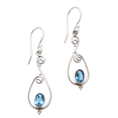 Blue topaz dangle earrings, 'Tegalalang Elegance' - Spiral Pattern Blue Topaz Dangle Earrings from Bali