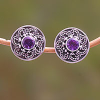Amethyst stud earrings, 'Glistening Swirl' - Sparkling Amethyst Stud Earrings from Bali