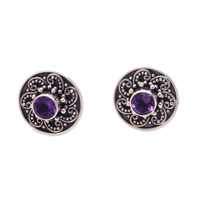 Amethyst stud earrings, 'Glistening Swirl' - Sparkling Amethyst Stud Earrings from Bali