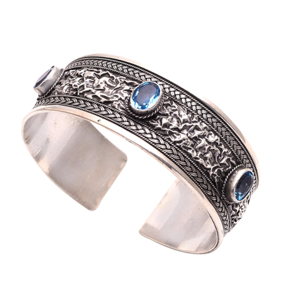 Blue topaz cuff bracelet, 'Bali Texture' - Patterned Blue Topaz Cuff Bracelet from Bali