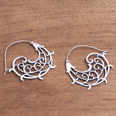Sterling silver hoop earrings, 'Goddess Tendrils' - Openwork Swirl Sterling Silver Hoop Earrings from Bali