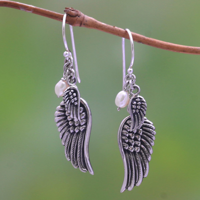 Cultured pearl dangle earrings, 'Winged Glow' - Cultured Pearl Wing Dangle Earrings from Bali