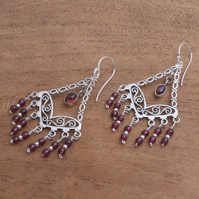 Garnet chandelier earrings, 'Raining Prosperity' - Garnet Chandelier Earrings from Bali